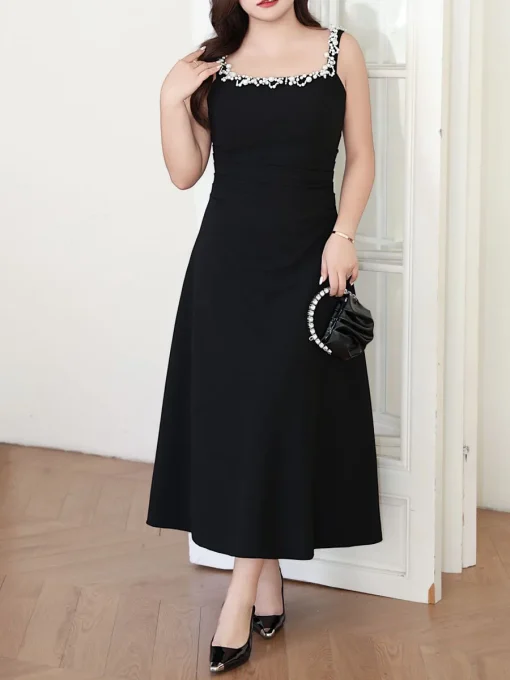 Women's Square Collar Slim Waist Dress, Elegant Shoulder Strap Plus Size - Image 4