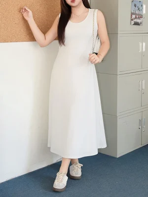 Plus Size Women's Cloud White U-Collar A-Line Tank Dress