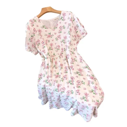 Plus Size Loose Mid Length V-Neck Flower Chiffon Dress - Image 6