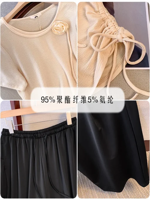 Plus Size Women's Summer Loose Drawstring T-shirt Wide Leg Pants Set - Image 6