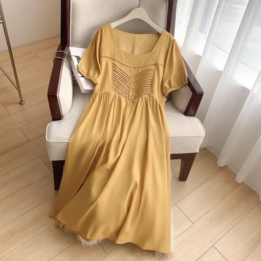 Plus Size Women's Loose Yellow Square Neck Summer Dress