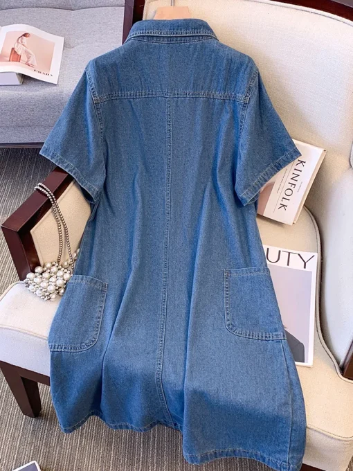 Plus Size Women's Summer Loose Retro Polo Collar Denim Dress - Image 3