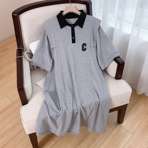 Plus Size Loose POLO Collar Embroidered Short-Sleeved Dress - Image 4