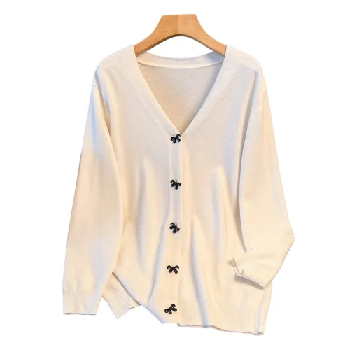 Plus Size Loose V-Neck Bow Sweater Knitted Cardigan - Image 6