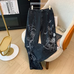 Plus Size Loose Street Style Printed Straight Leg Jeans