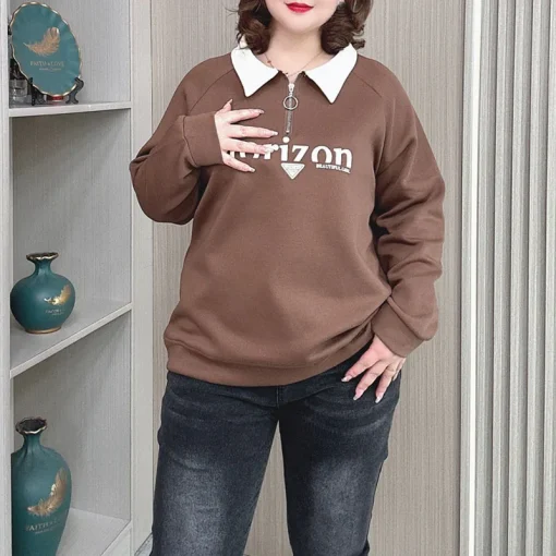 Autumn Plus Size Pullover Hoodie, Casual Lapel Printed Sweatshirt - Image 2