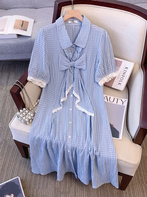 Plus Size Women's Summer Loose Blue Plaid Polo Collar Dress