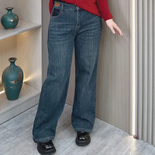 Plus Size Fleece-Lined Straight Leg Winter Jeans for Women