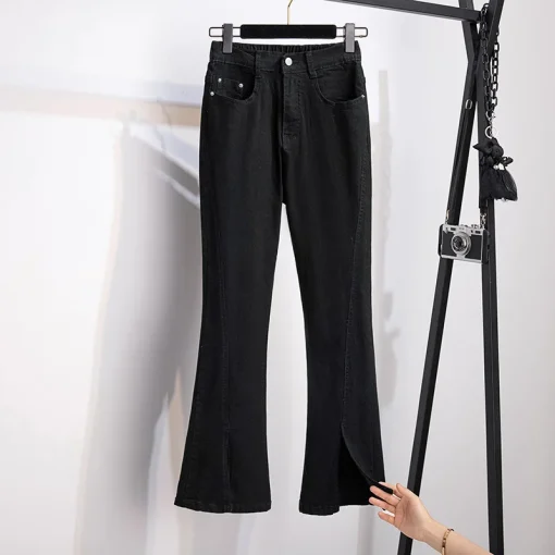 Plus Size Women's High Waist Loose Flared Slit Jeans - Image 3