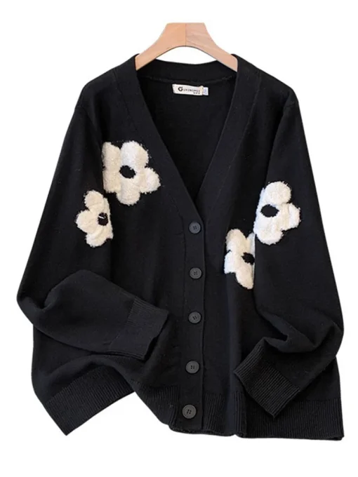 Plus Size Women's Floral V-Neck Knit Cardigan - Image 6