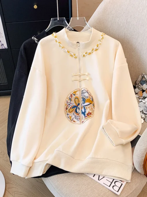 Plus Size Loose Chinese Style Buttoned Long Sleeve Sweatshirt