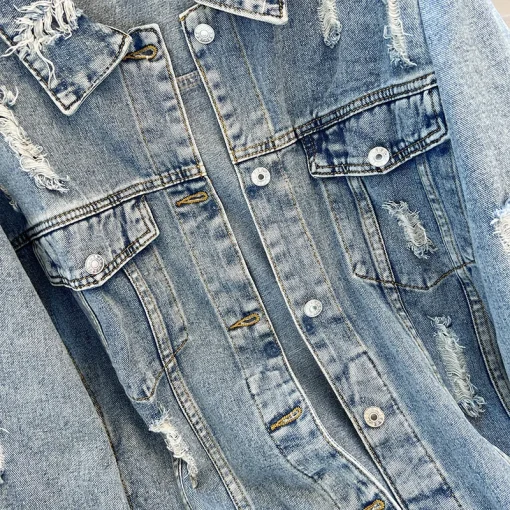 Plus Size Women's Tattered Denim Jacket Long Sleeve Coat - Image 4