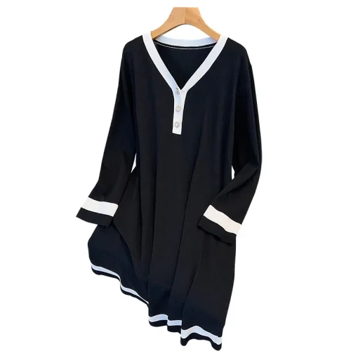 Plus Size Ice Silk V-Neck Long Sleeve Knitted Dress - Image 6