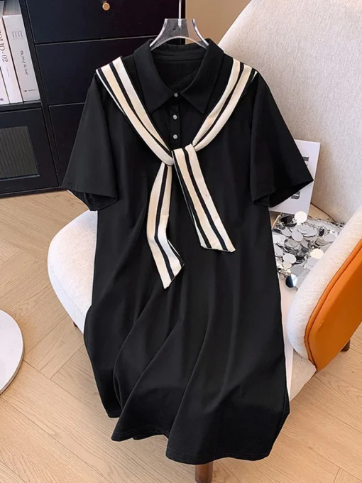 Plus Size Women's Summer Loose College Style Striped Dress