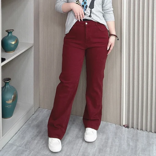 Plus Size High Waisted Loose Wine Red Straight Leg Jeans