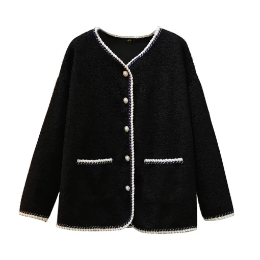 Plus Size Loose V-Neck Imitation Lamb Wool Jacket - Image 6