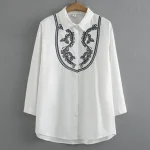Plus Size Autumn Embroidery Art Style Long Sleeve Cotton Blouse