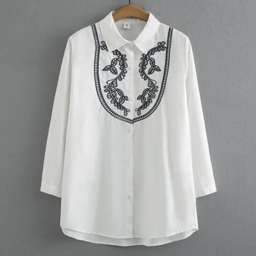 Plus Size Autumn Embroidery Art Style Long Sleeve Cotton Blouse