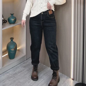 Plus Size Women’s Fleece-lined High Waist Dark Blue Harem Jeans
