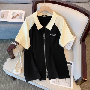 Plus Size Women's Summer Loose Casual Zippered Lapel Top