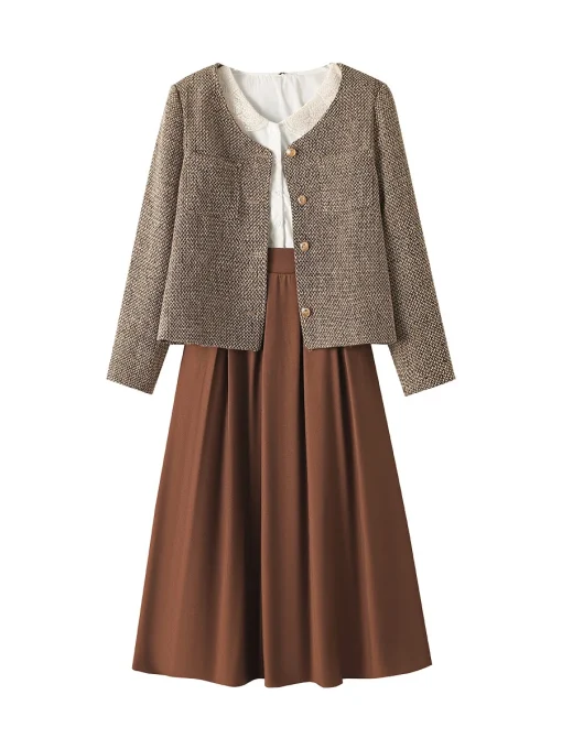 Plus Size Autumn Loose Three-Piece Jacket and Skirt Set - Image 6