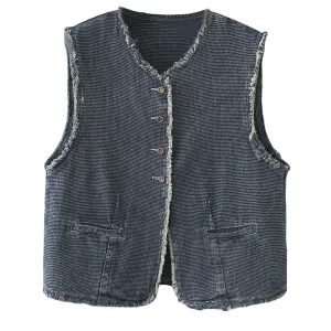 Plus Size Women's Chic Denim Sleeveless Vest Waistcoat
