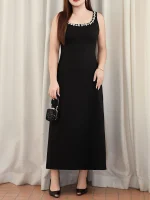 Plus Size Women’s Black Vintage U-Neck Slim Long Dress