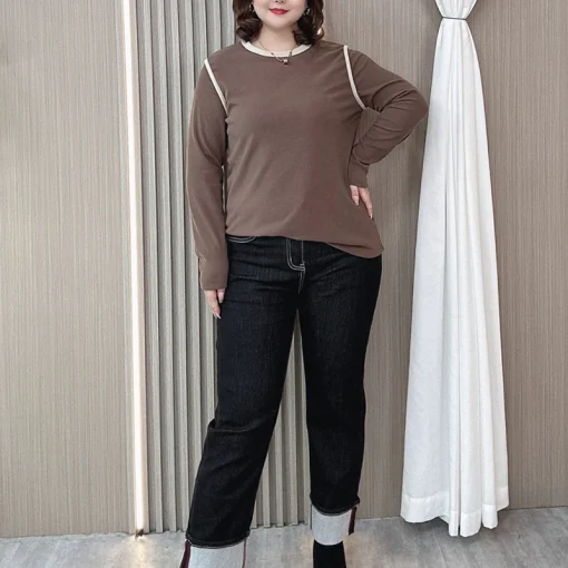 Plus Size Long Sleeve Velvet Block Color Casual Top - Image 2