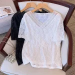 Plus Size Women's Summer Loose V-Neck Lace T-shirt Top