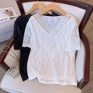 Plus Size Women's Summer Loose V-Neck Lace T-shirt Top