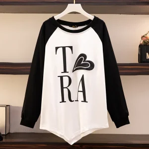 Plus Size Loose Raglan Sleeve Printed Long-Sleeved T-Shirt