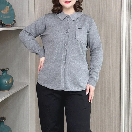 Autumn Winter Plus Size Lapel Knitted Cardigan, Embroidered Sweater - Image 3