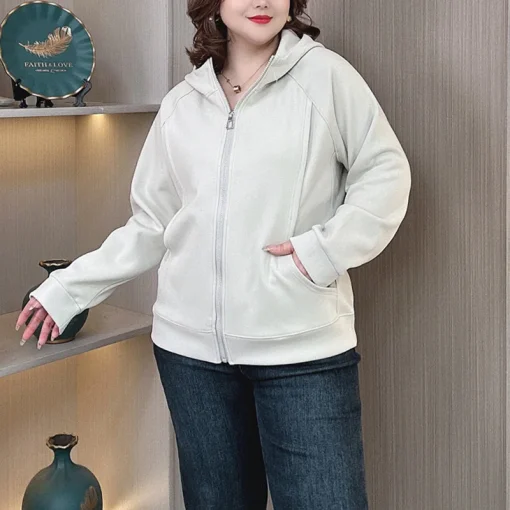 Plus Size Women’s Zip Hoodie, Loose Hooded Sweatshirt Jacket