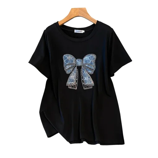 Plus Size Loose Fit Round Neck Bow Printed T-shirt - Image 6