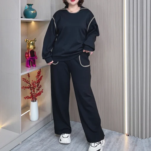 Plus Size Long Sleeve Block Color Sweatshirt and Pants Set - Image 4