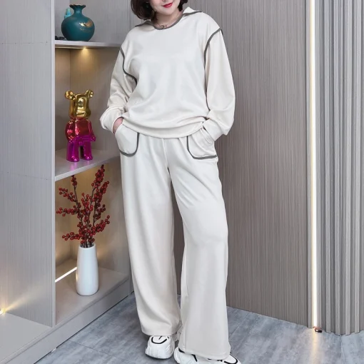 Plus Size Long Sleeve Block Color Sweatshirt and Pants Set