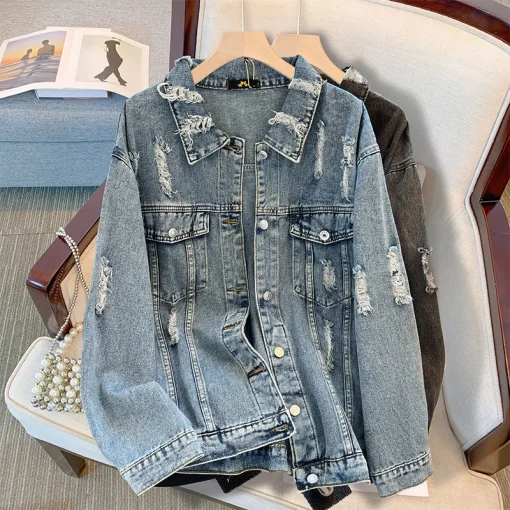 Plus Size Women's Tattered Denim Jacket Long Sleeve Coat