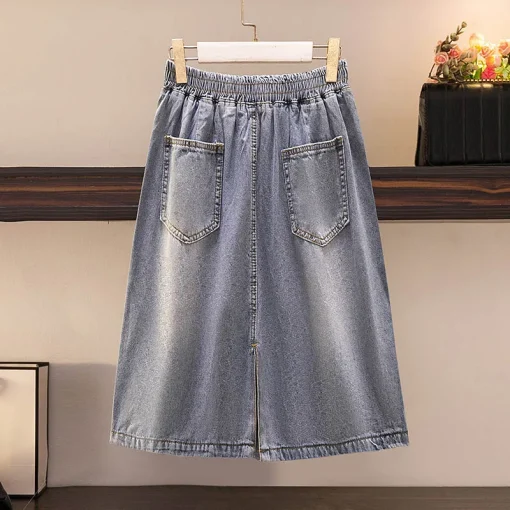 Plus Size Women's Loose Elastic Waist Denim Slit Skirt - Image 3