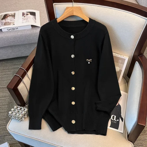 Plus Size Loose Knitted Cardigan Sweater Jacket Black Gray - Image 3