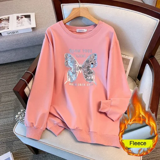 Plus Size Loose Round Neck Sequined Butterfly Fleece Sweatshirt - Image 4