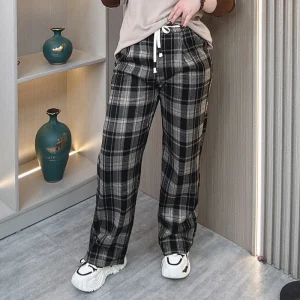 Plus Size Women's High Waist Plaid Fleece Wide Leg Pants