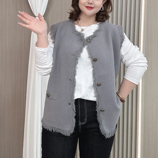 Plus Size Sleeveless Tassel Knit Woolen Waistcoat Vest - Image 2