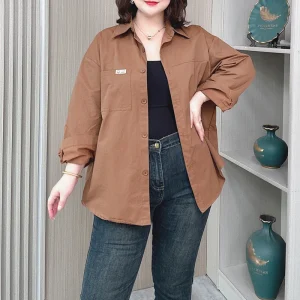 Plus Size Women’s Casual Shirt Jacket with Labeled Pocket