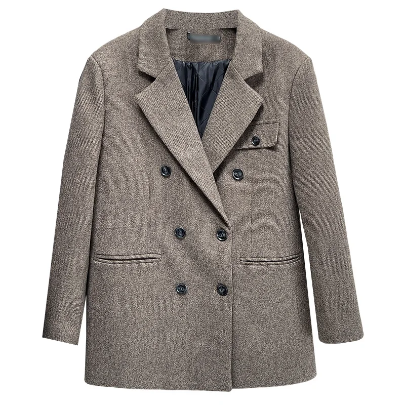 Plus Size Women's Winter Quilted Woolen Double Breasted Blazer