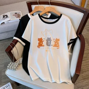 Plus Size Women's Loose Cartoon Cat Print Short Sleeve T-Shirt
