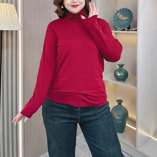 4XL Plus Size Women’s Slim Long Sleeve Turtleneck Brushed T-Shirt - Image 5