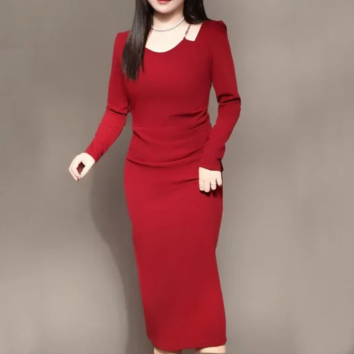 Plus Size French Chain Puff Sleeve Slim-Fit Dress