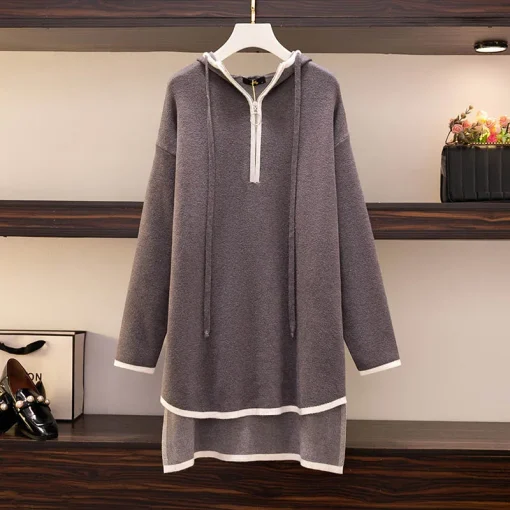 Plus Size Hooded Knitted Front Short Back Long Dress