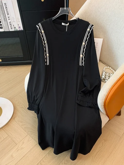 Plus Size Loose Long-Sleeved Dress for Women in Black