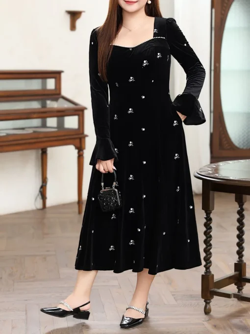 Women’s Velour Embroidered Dress, Square Neck Puff Sleeve, Plus Size - Image 2